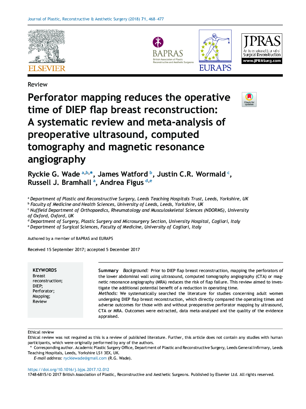 Perforator mapping reduces the operative time of DIEP flap breast reconstruction: A systematic review and meta-analysis of preoperative ultrasound, computed tomography and magnetic resonance angiography