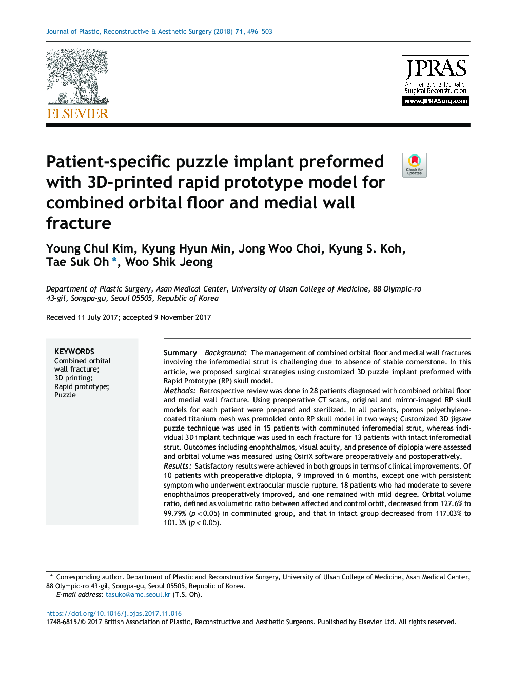 Patient-specific puzzle implant preformed with 3D-printed rapid prototype model for combined orbital floor and medial wall fracture