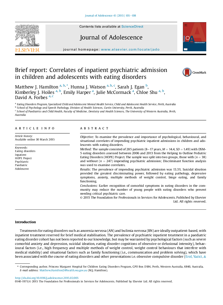 Brief report: Correlates of inpatient psychiatric admission in children and adolescents with eating disorders