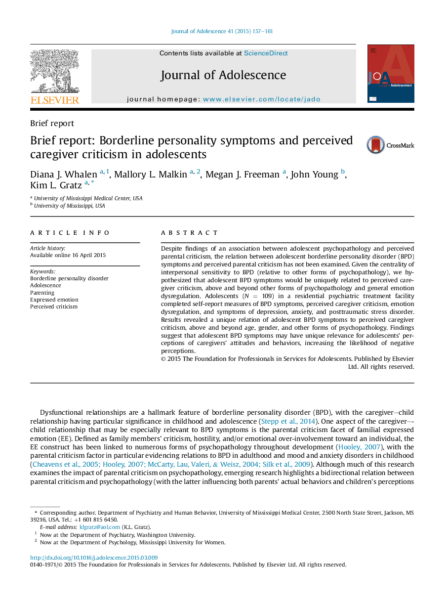 Brief report: Borderline personality symptoms and perceived caregiver criticism in adolescents