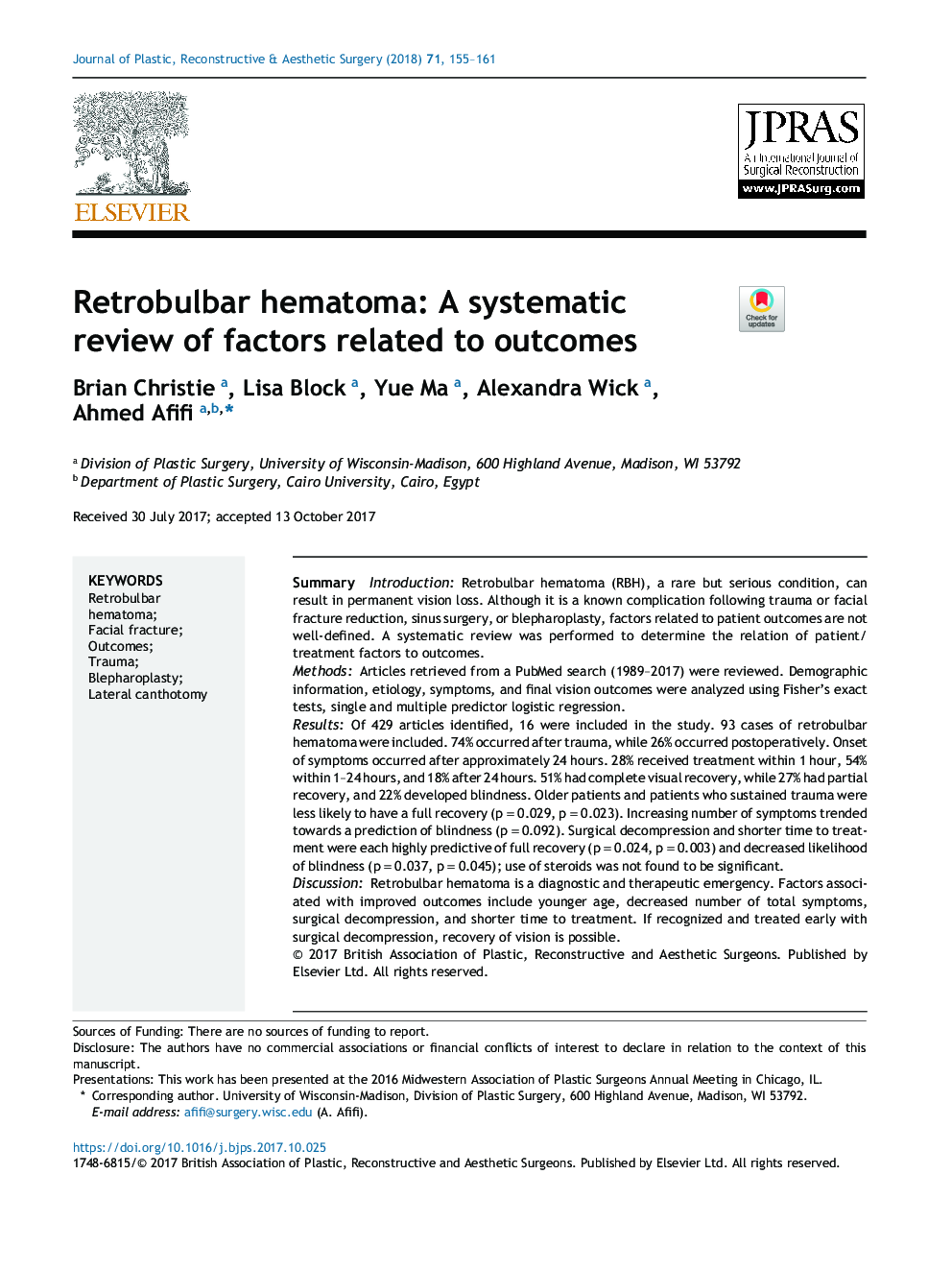 Retrobulbar hematoma: A systematic review of factors related to outcomes