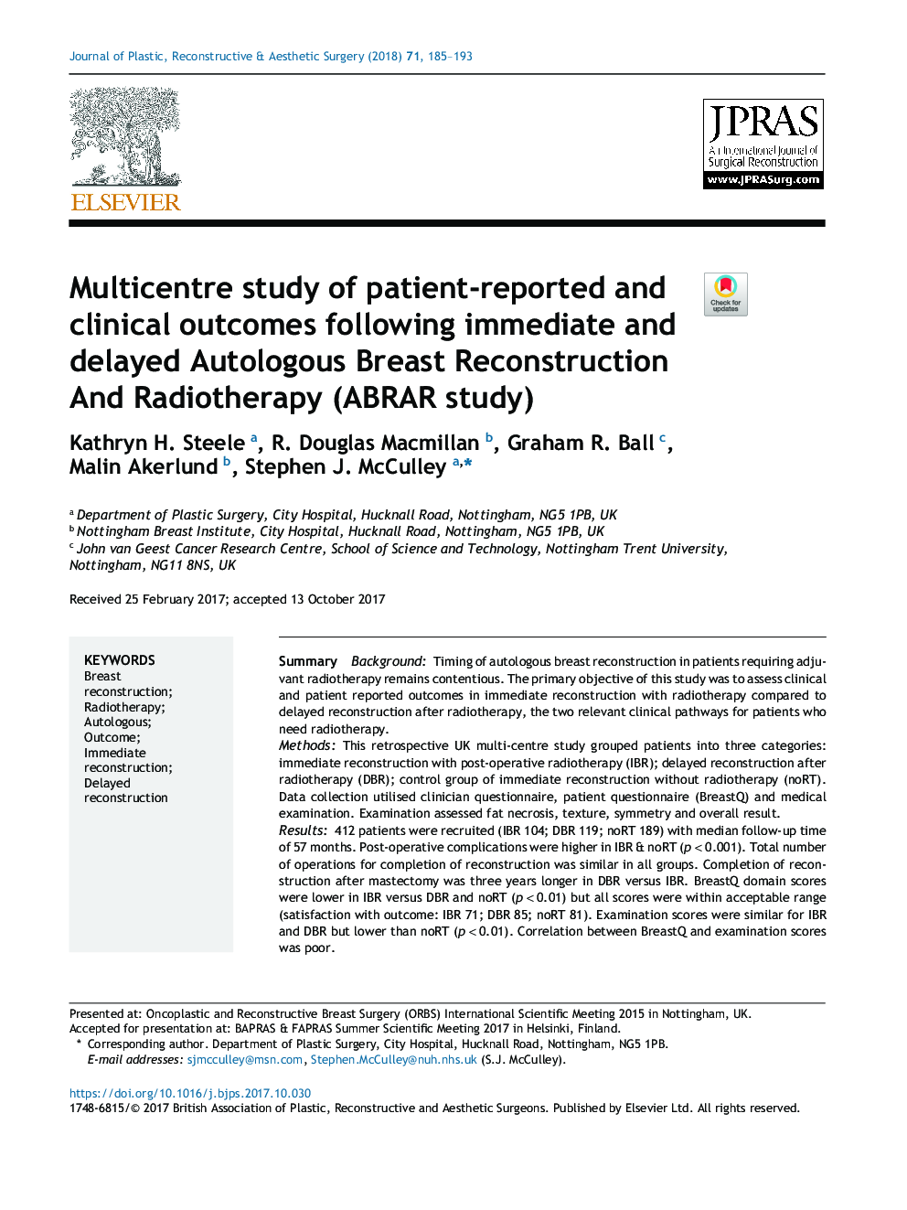 Multicentre study of patient-reported and clinical outcomes following immediate and delayed Autologous Breast Reconstruction And Radiotherapy (ABRAR study)