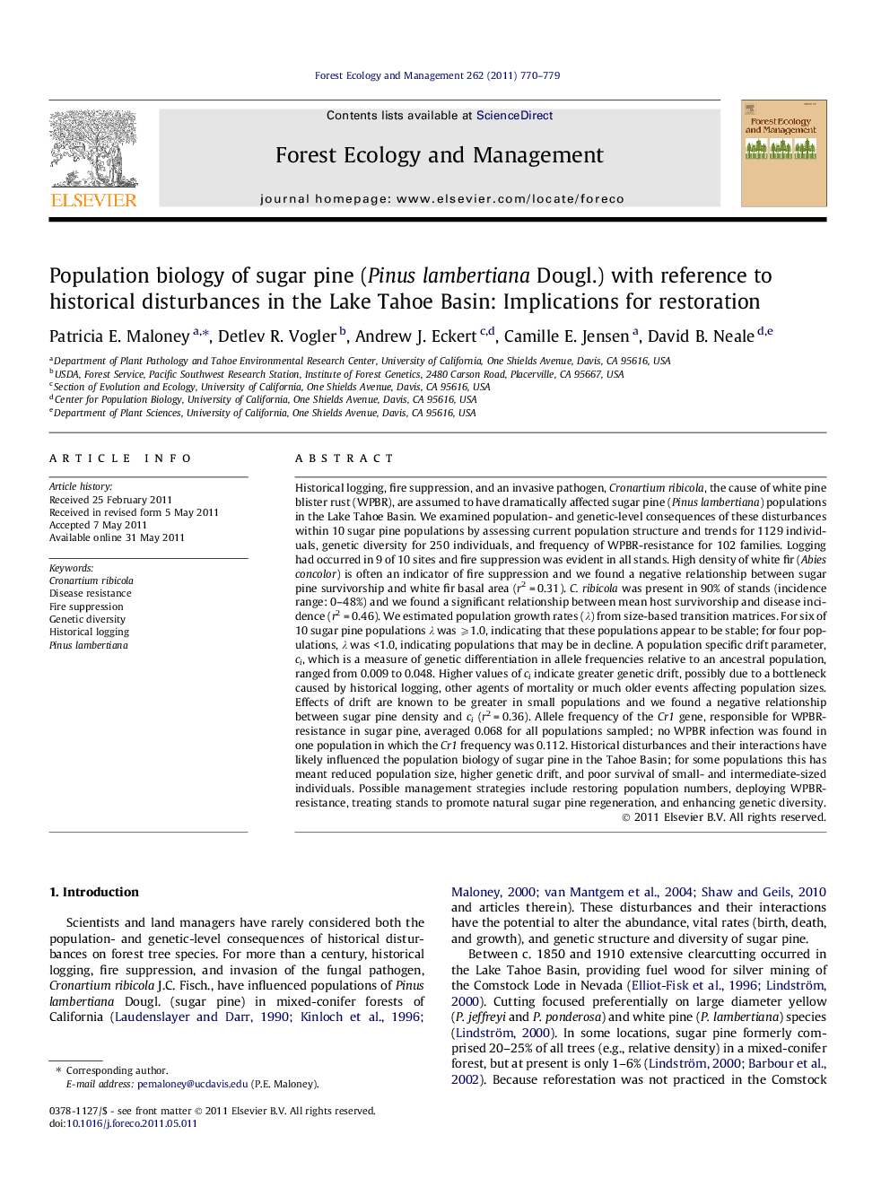 Population biology of sugar pine (Pinus lambertiana Dougl.) with reference to historical disturbances in the Lake Tahoe Basin: Implications for restoration