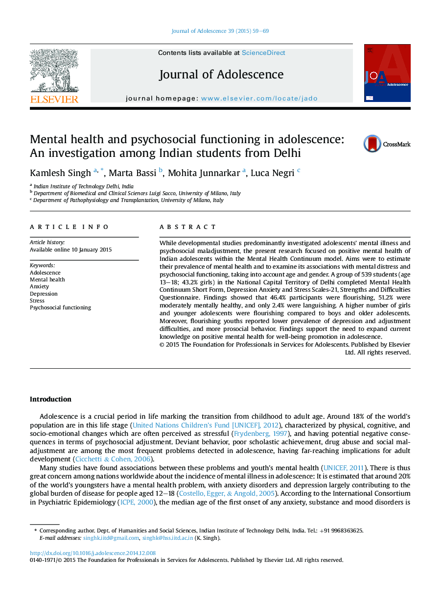 Mental health and psychosocial functioning in adolescence: An investigation among Indian students from Delhi