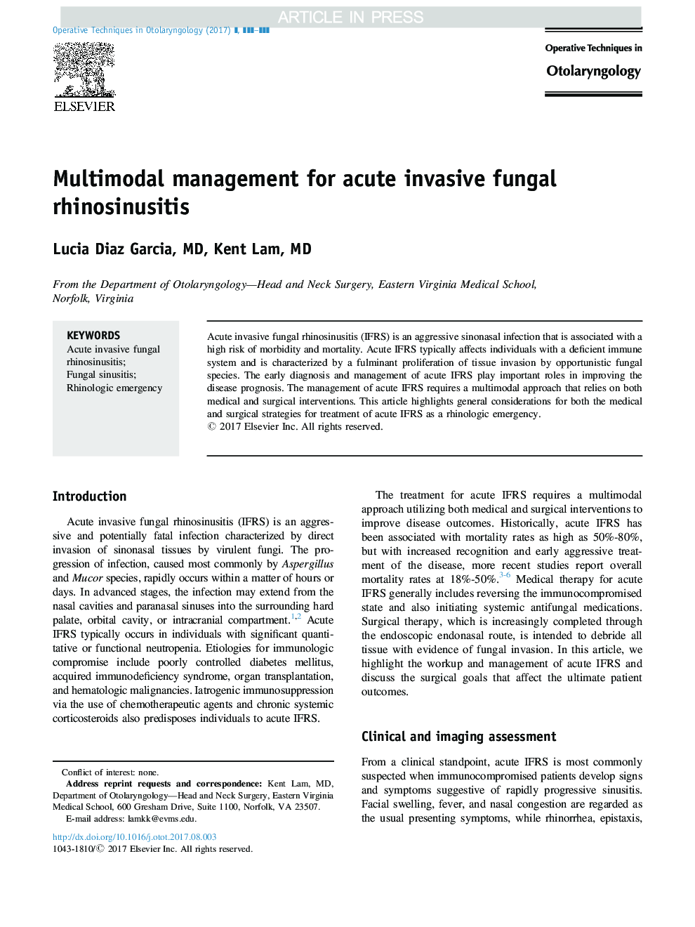 Multimodal management for acute invasive fungal rhinosinusitis