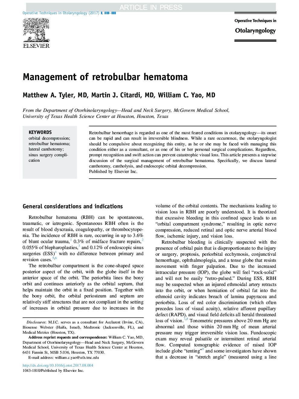 Management of retrobulbar hematoma