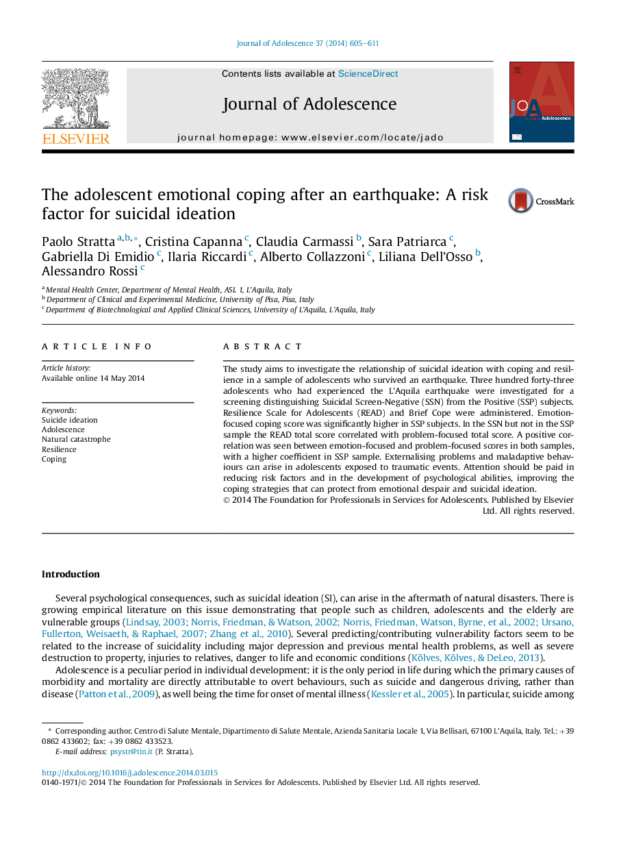 The adolescent emotional coping after an earthquake: A risk factor for suicidal ideation