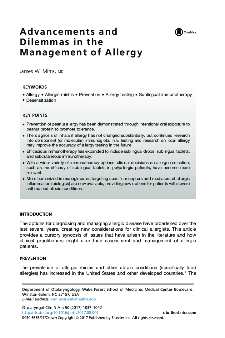 Advancements and Dilemmas in the Management of Allergy