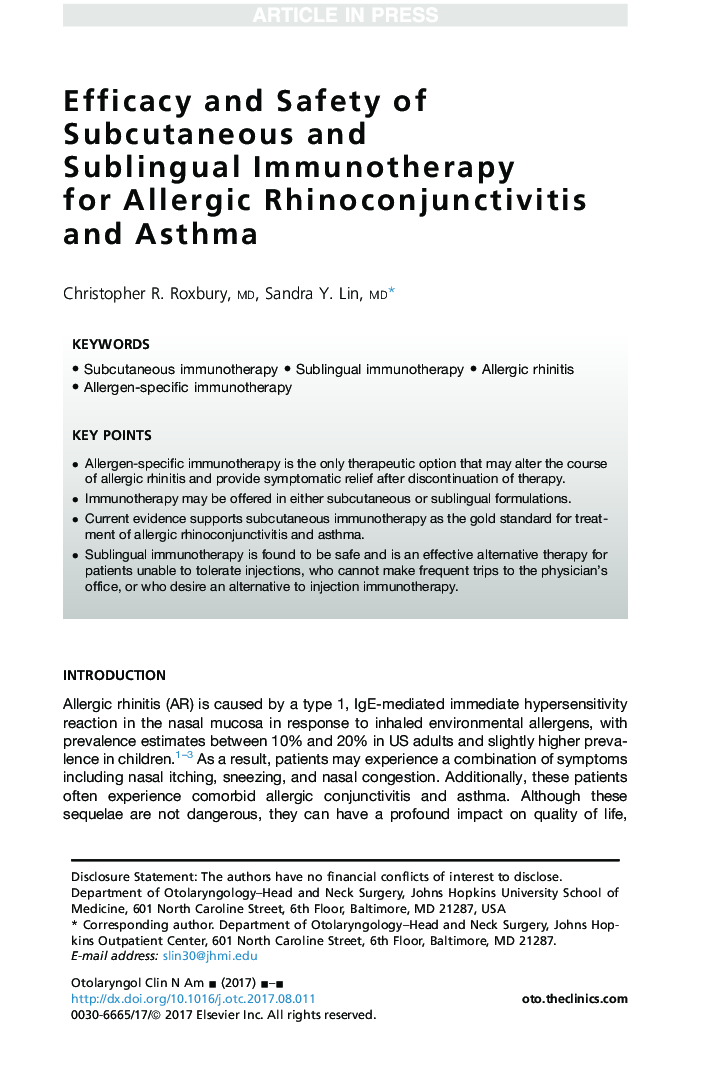 اثربخشی و ایمنی ایمونوتراپی زیر جلدی و زیر زبانی برای رینوکوژینکتیویتی آلرژیک و آسم 