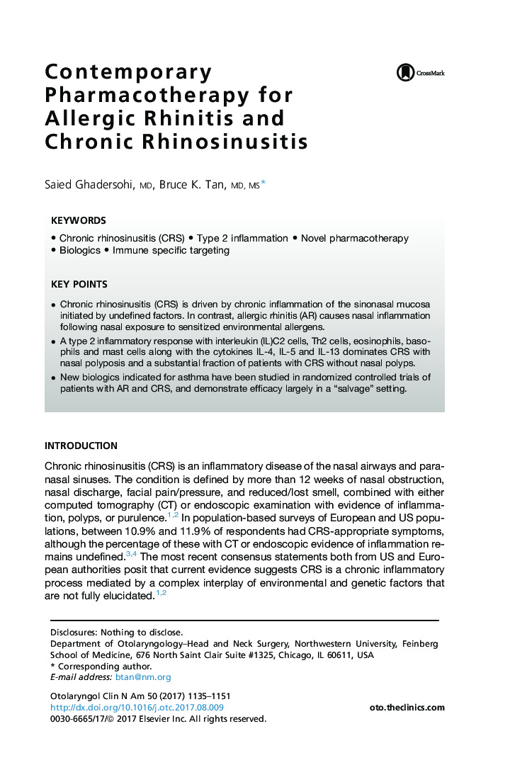 Contemporary Pharmacotherapy for Allergic Rhinitis and Chronic Rhinosinusitis