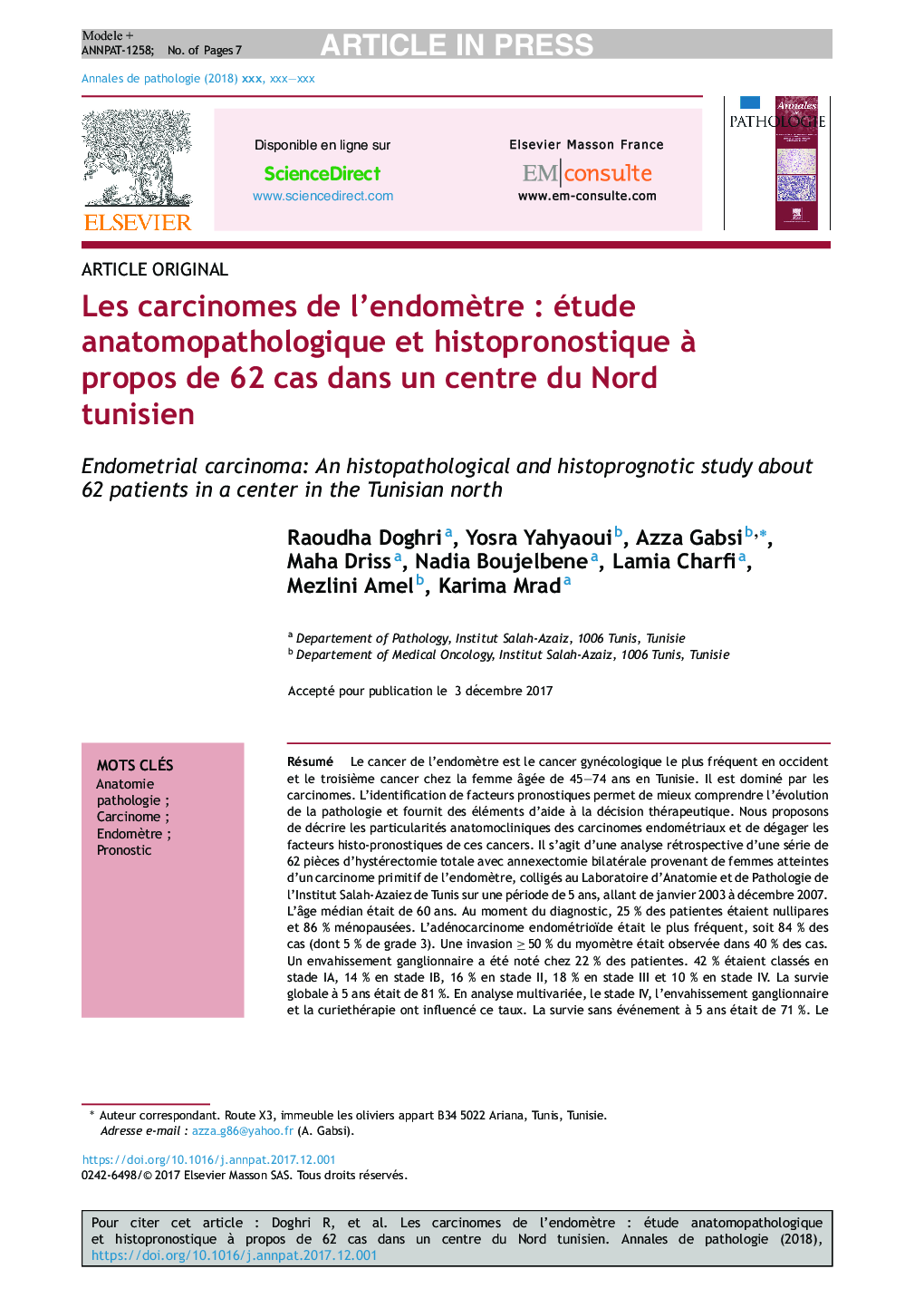 Les carcinomes de l'endomÃ¨treÂ : étude anatomopathologique et histopronostique Ã  propos de 62Â cas dans un centre du Nord tunisien