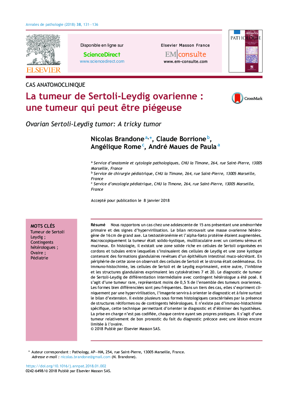 La tumeur de Sertoli-Leydig ovarienneÂ : une tumeur qui peut Ãªtre piégeuse