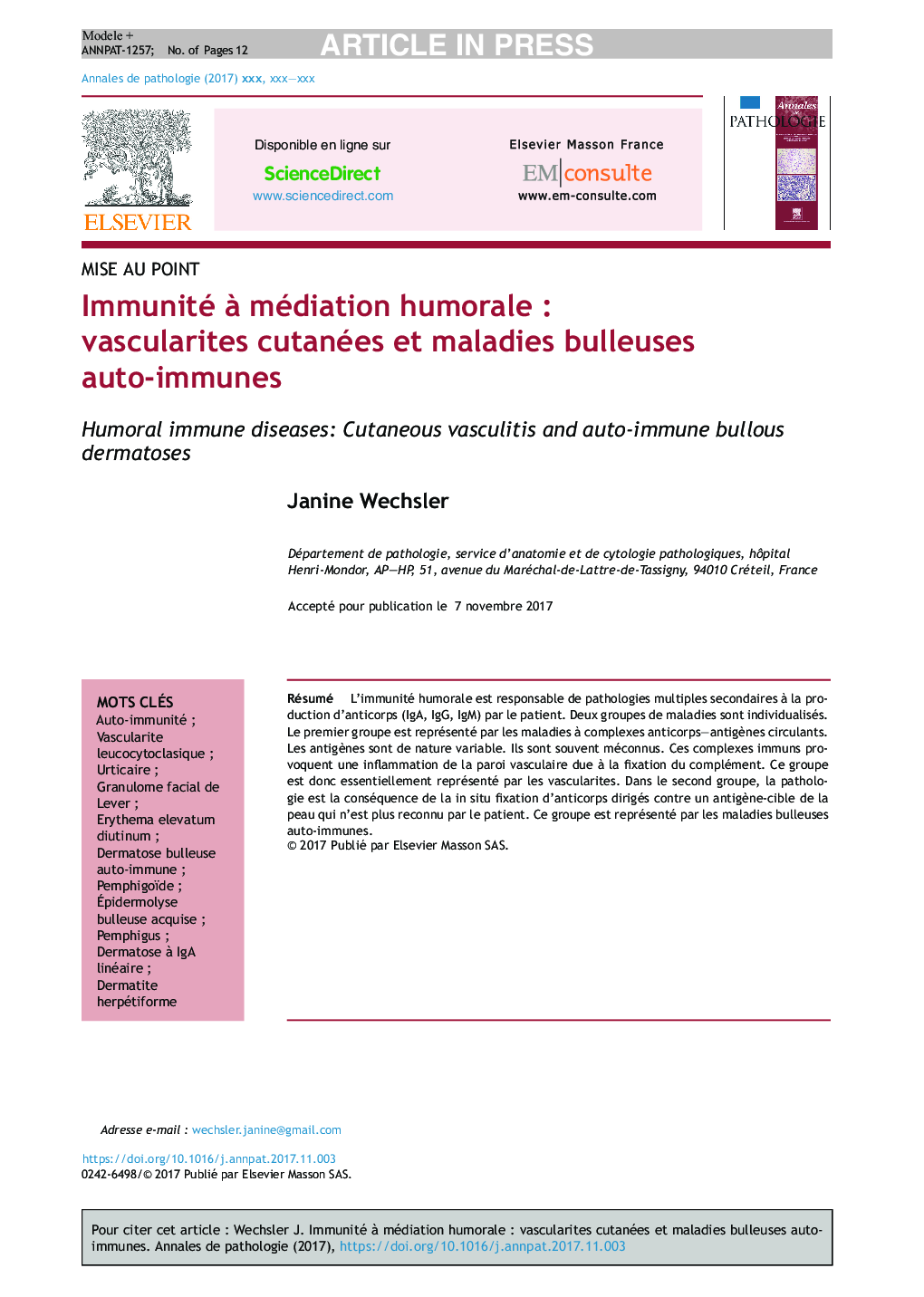 Immunité Ã  médiation humoraleÂ : vascularites cutanées et maladies bulleuses auto-immunes