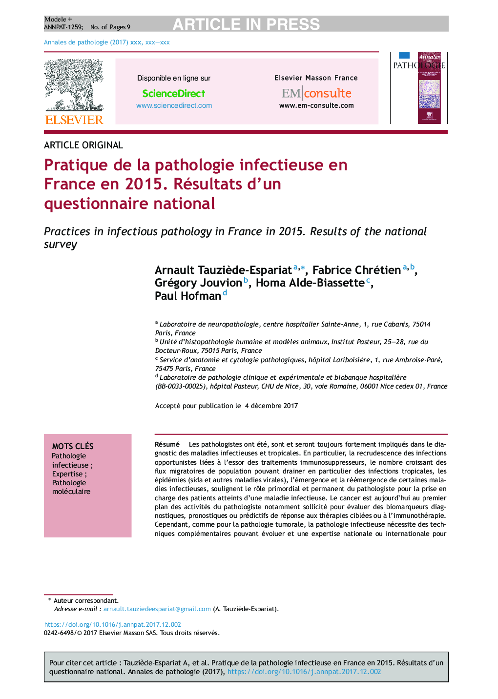 Pratique de la pathologie infectieuse en France en 2015. Résultats d'un questionnaire national