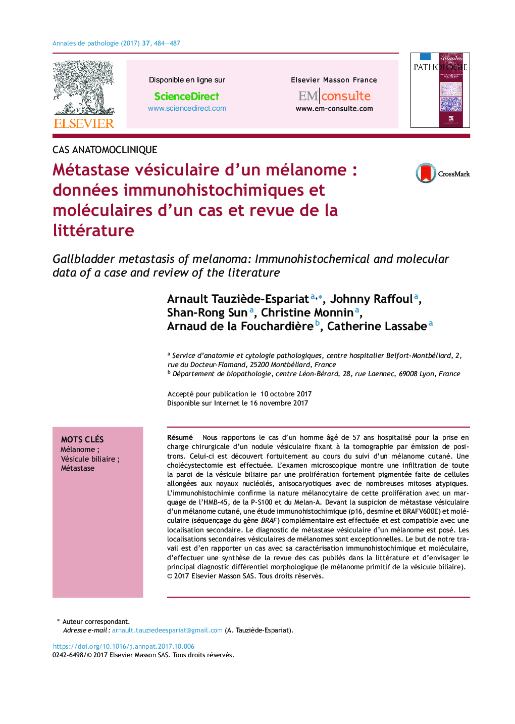 Métastase vésiculaire d'un mélanomeÂ : données immunohistochimiques et moléculaires d'un cas et revue de la littérature