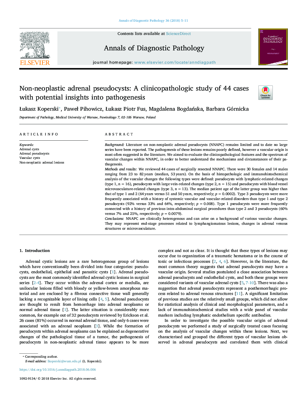 Non-neoplastic adrenal pseudocysts: A clinicopathologic study of 44 cases with potential insights into pathogenesis