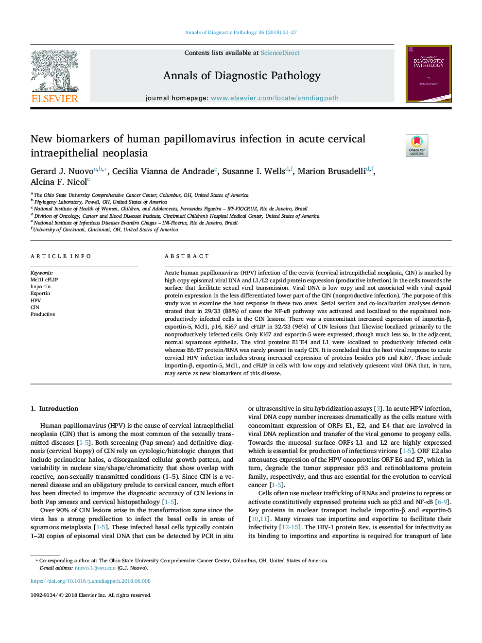 New biomarkers of human papillomavirus infection in acute cervical intraepithelial neoplasia