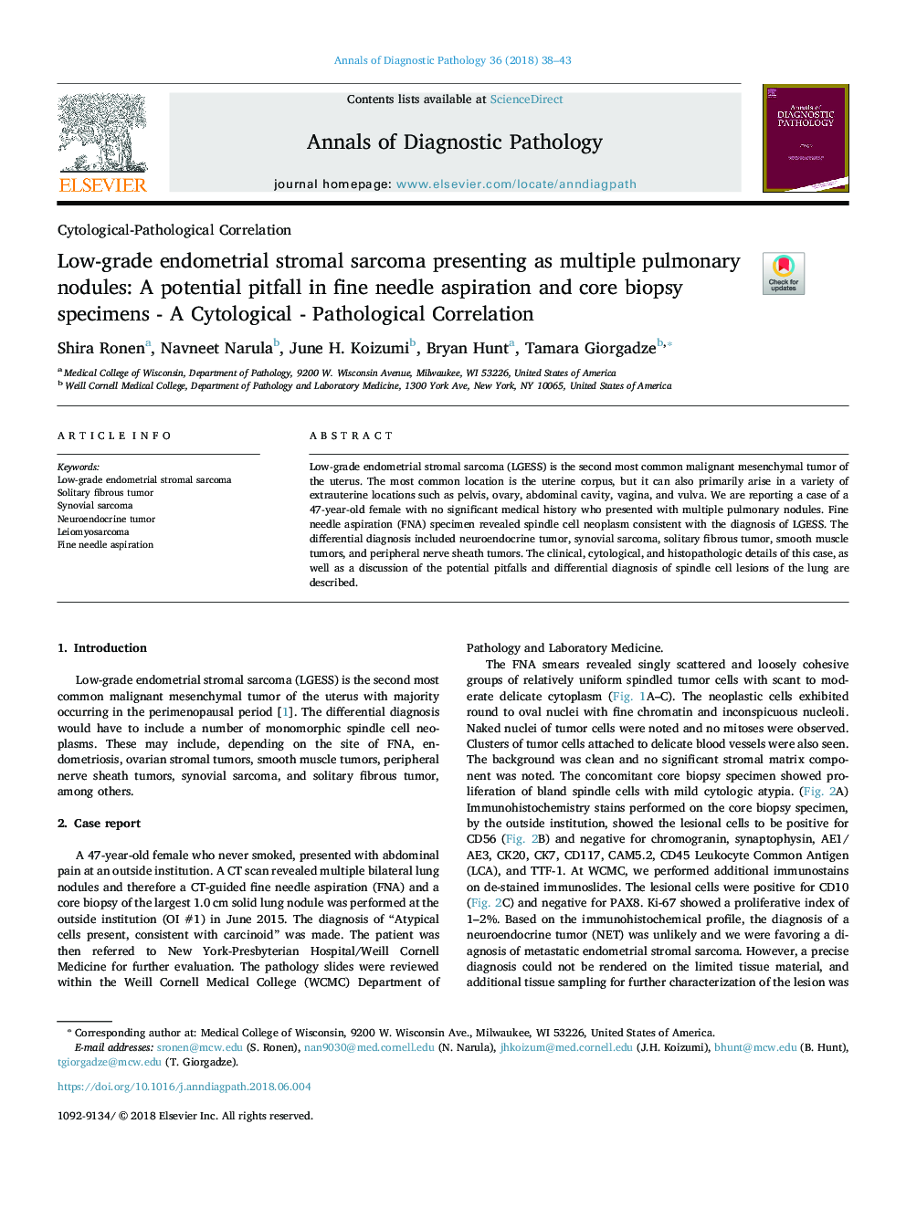 Low-grade endometrial stromal sarcoma presenting as multiple pulmonary nodules: A potential pitfall in fine needle aspiration and core biopsy specimens - A Cytological - Pathological Correlation