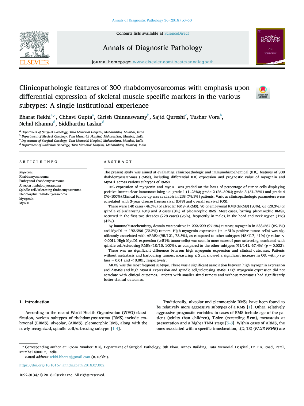 Clinicopathologic features of 300 rhabdomyosarcomas with emphasis upon differential expression of skeletal muscle specific markers in the various subtypes: A single institutional experience