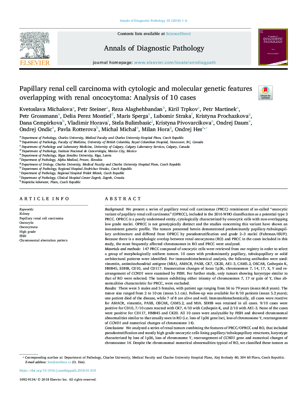 Papillary renal cell carcinoma with cytologic and molecular genetic features overlapping with renal oncocytoma: Analysis of 10 cases