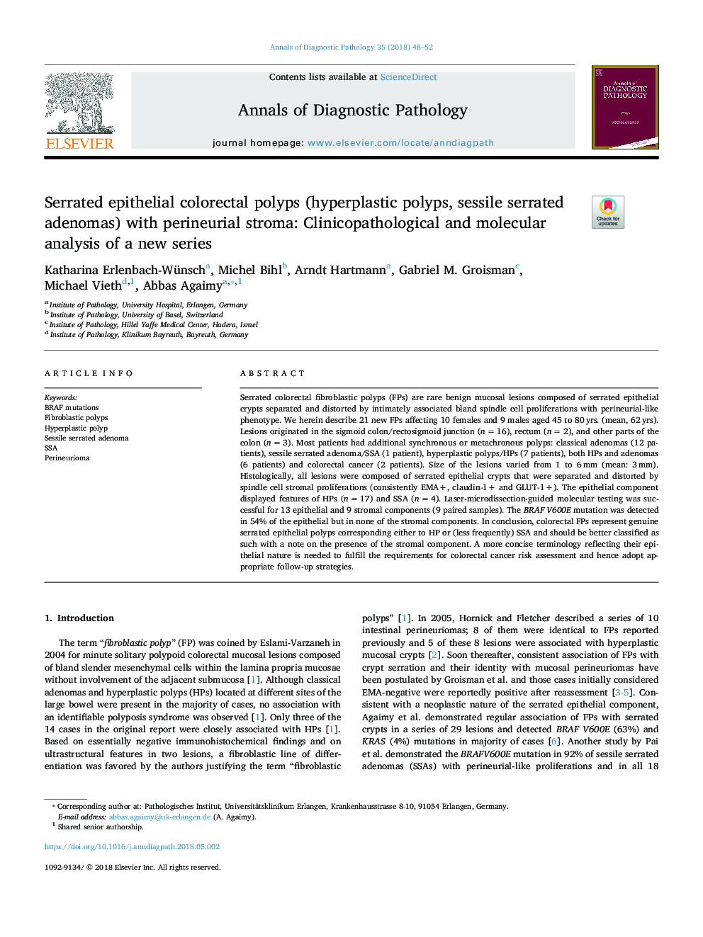 Serrated epithelial colorectal polyps (hyperplastic polyps, sessile serrated adenomas) with perineurial stroma: Clinicopathological and molecular analysis of a new series