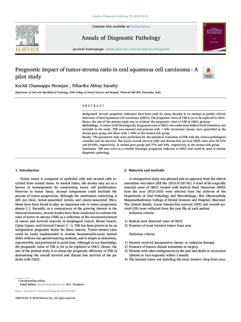 Prognostic impact of tumor-stroma ratio in oral squamous cell carcinoma - A pilot study