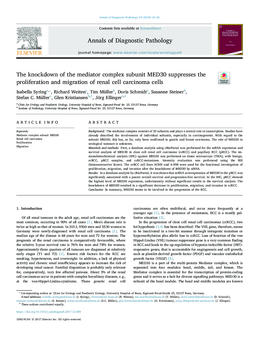 The knockdown of the mediator complex subunit MED30 suppresses the proliferation and migration of renal cell carcinoma cells