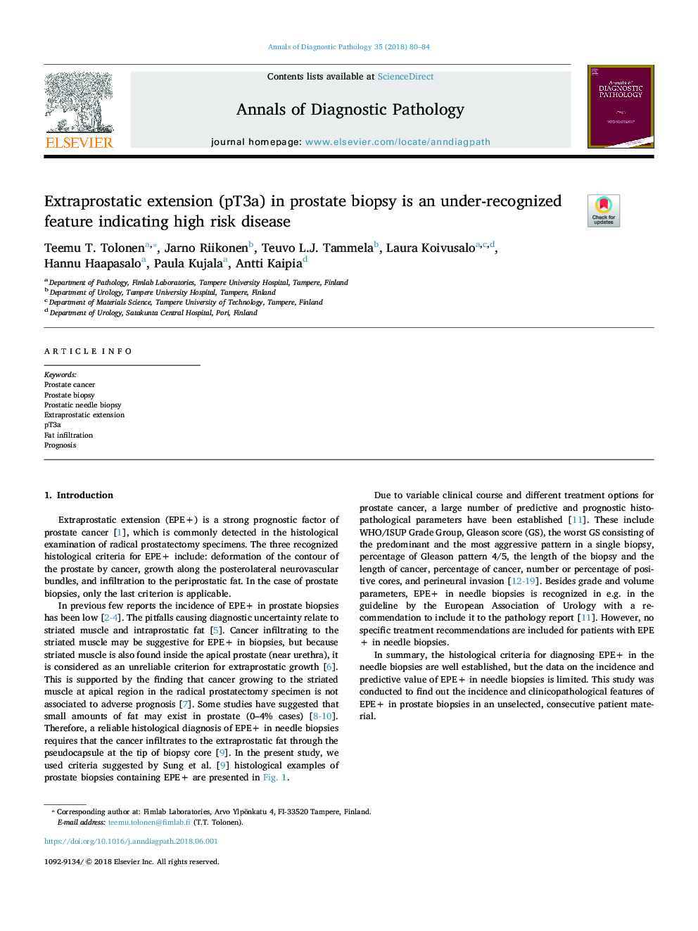 Extraprostatic extension (pT3a) in prostate biopsy is an under-recognized feature indicating high risk disease