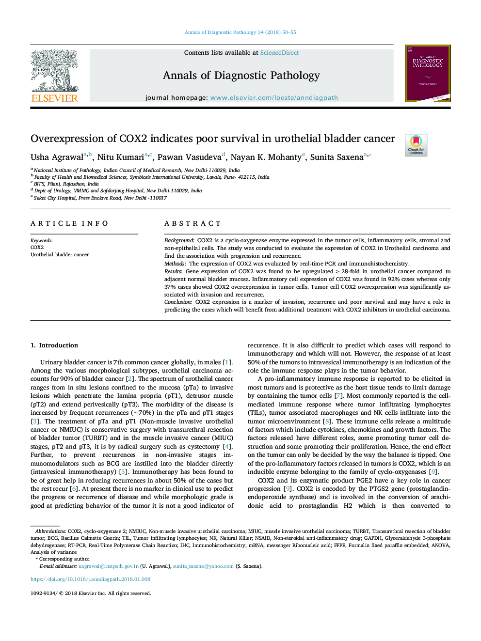 Overexpression of COX2 indicates poor survival in urothelial bladder cancer