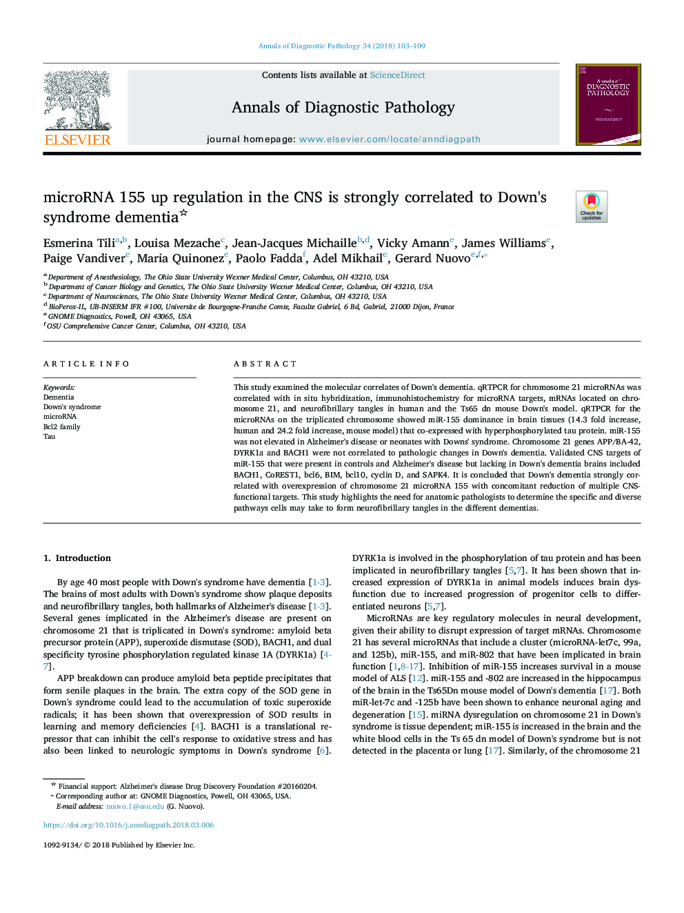 microRNA 155 up regulation in the CNS is strongly correlated to Down's syndrome dementia