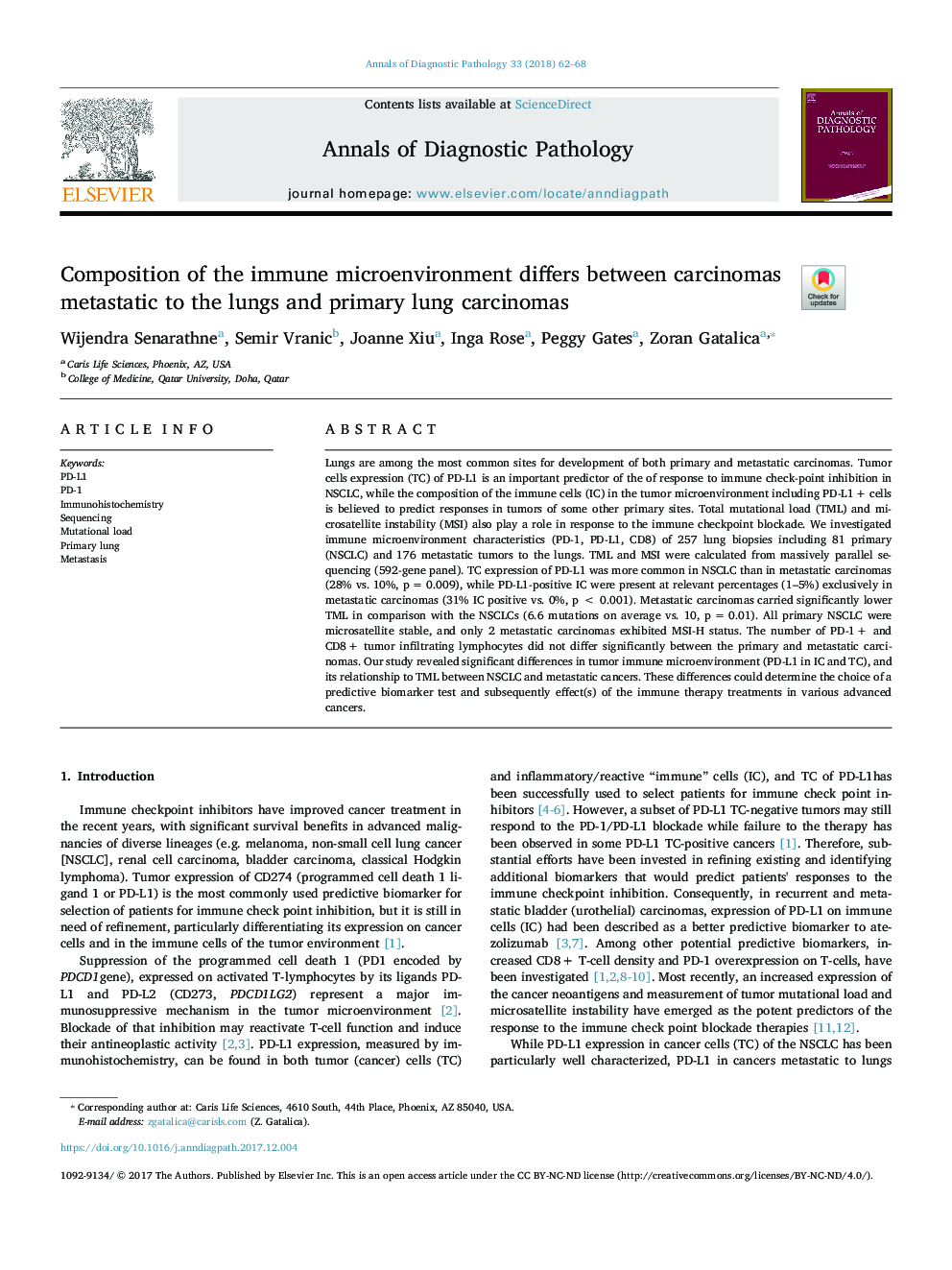 Composition of the immune microenvironment differs between carcinomas metastatic to the lungs and primary lung carcinomas