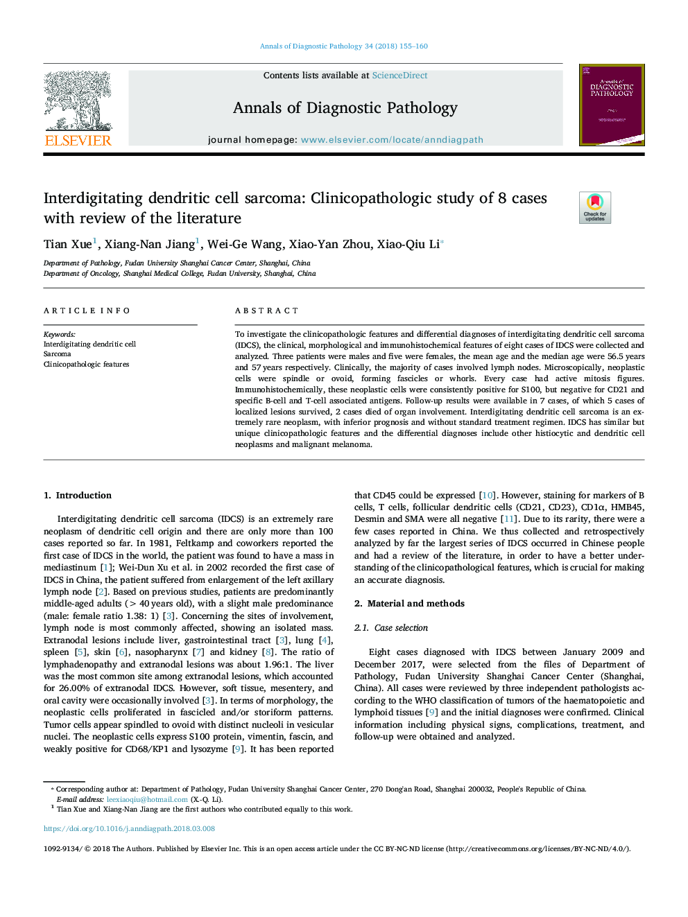 Interdigitating dendritic cell sarcoma: Clinicopathologic study of 8 cases with review of the literature