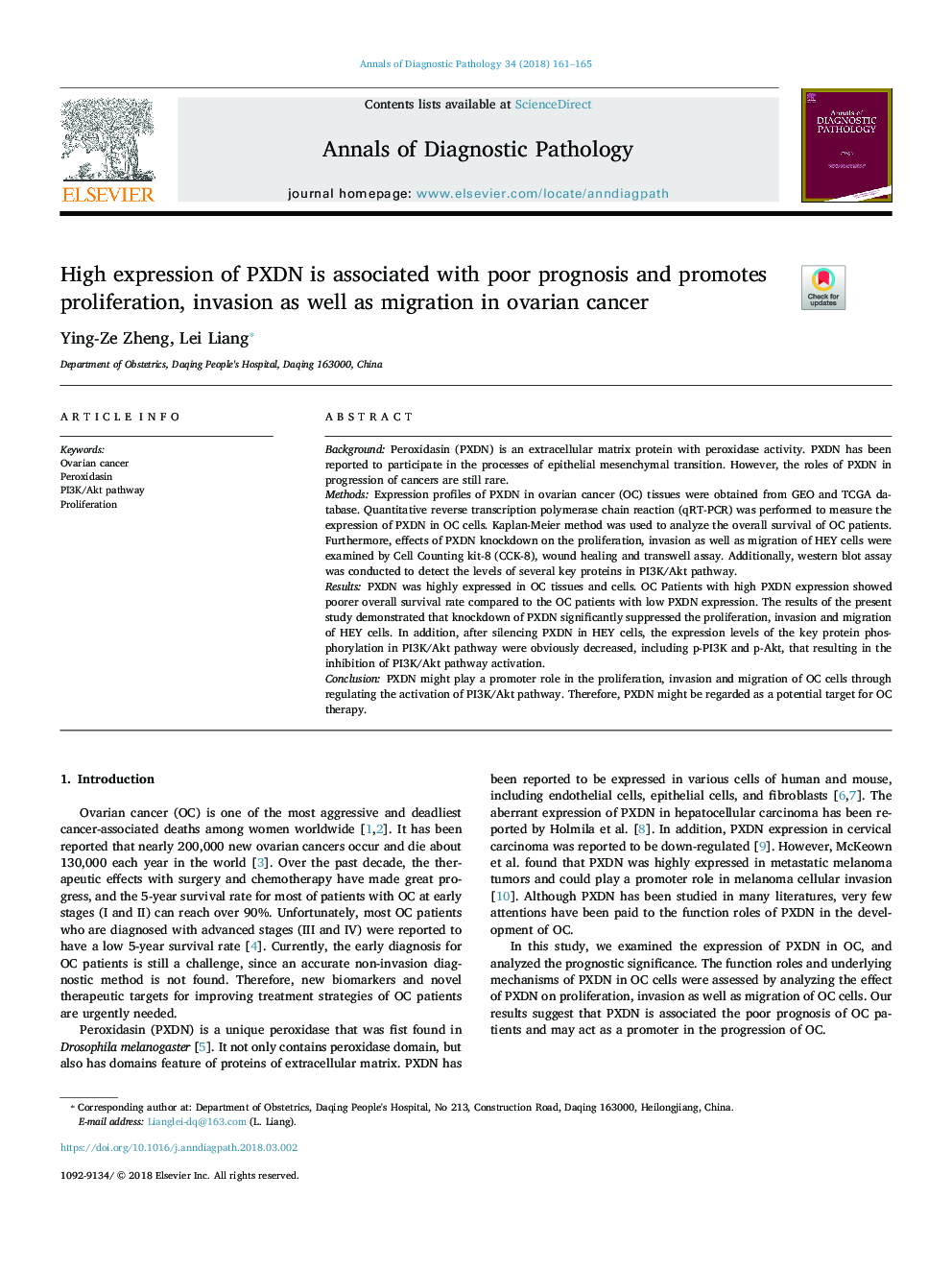 High expression of PXDN is associated with poor prognosis and promotes proliferation, invasion as well as migration in ovarian cancer