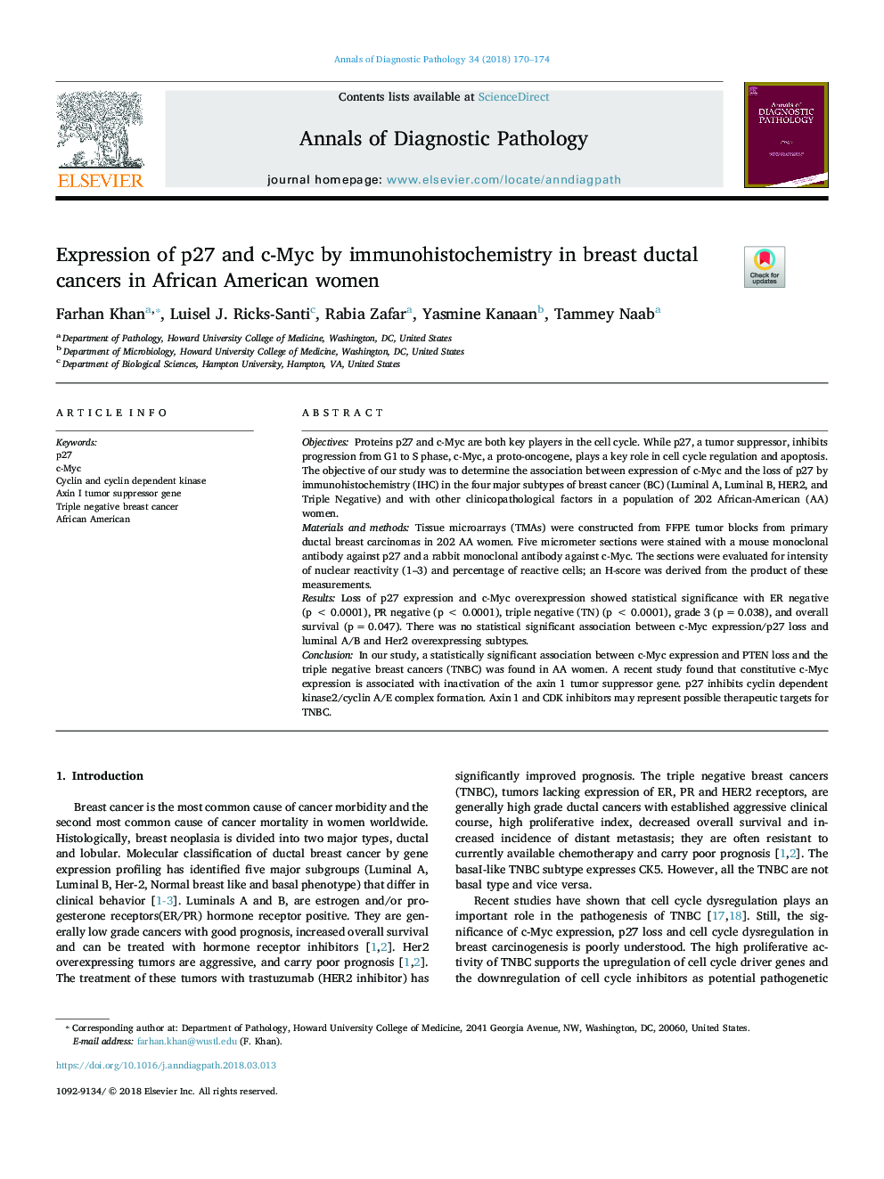 Expression of p27 and c-Myc by immunohistochemistry in breast ductal cancers in African American women