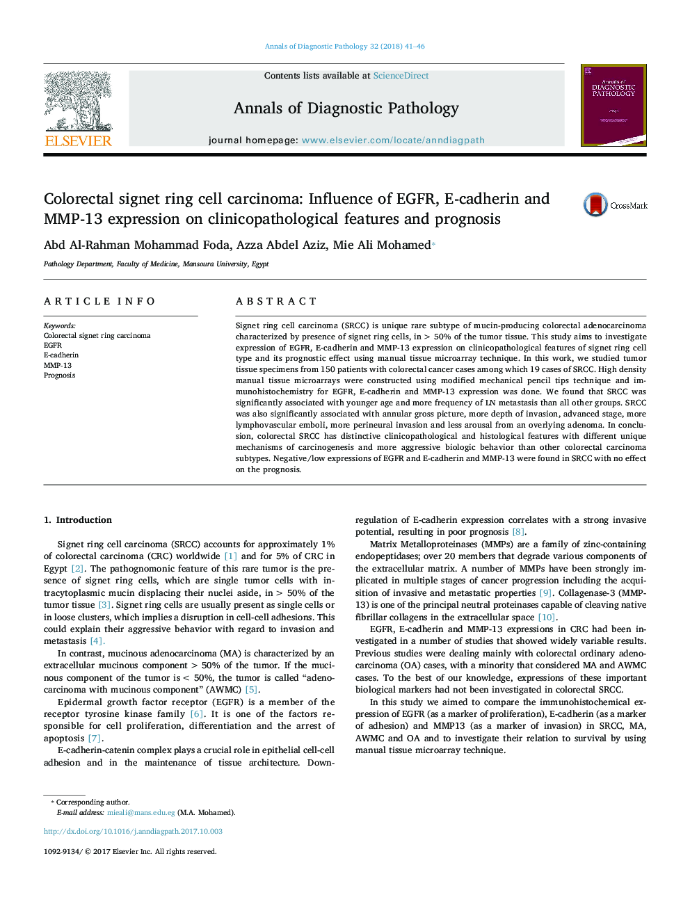 Colorectal signet ring cell carcinoma: Influence of EGFR, E-cadherin and MMP-13 expression on clinicopathological features and prognosis