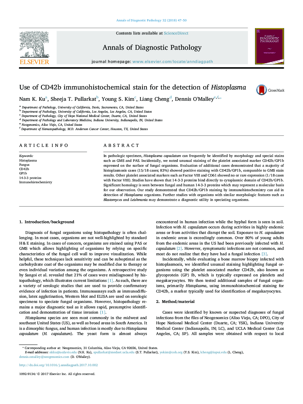 Use of CD42b immunohistochemical stain for the detection of Histoplasma