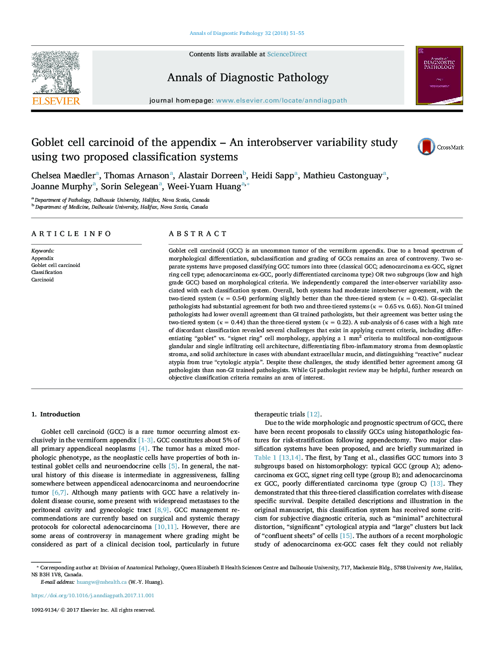 Goblet cell carcinoid of the appendix - An interobserver variability study using two proposed classification systems