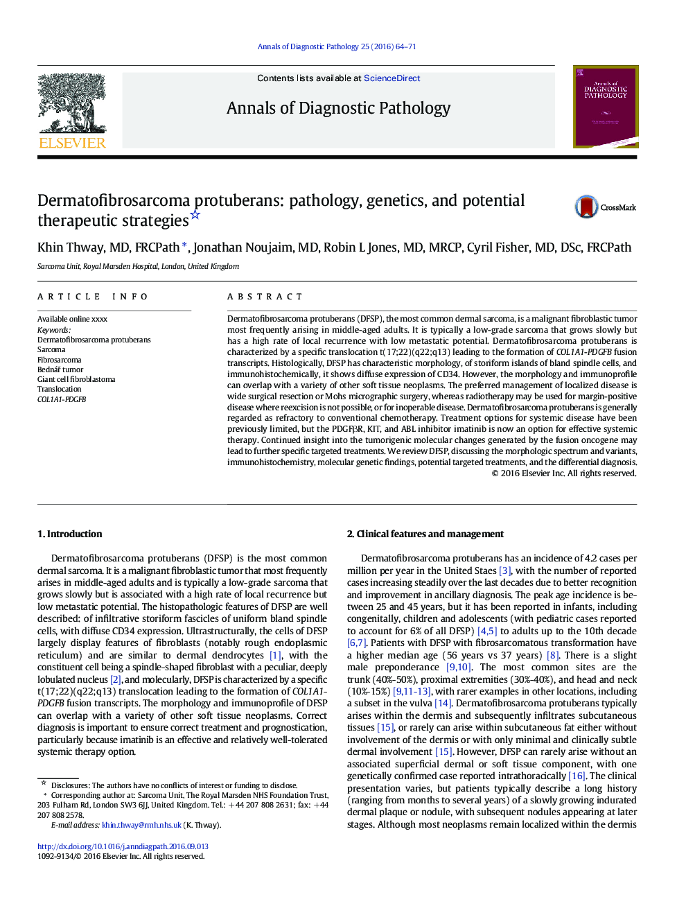 Dermatofibrosarcoma protuberans: pathology, genetics, and potential therapeutic strategies