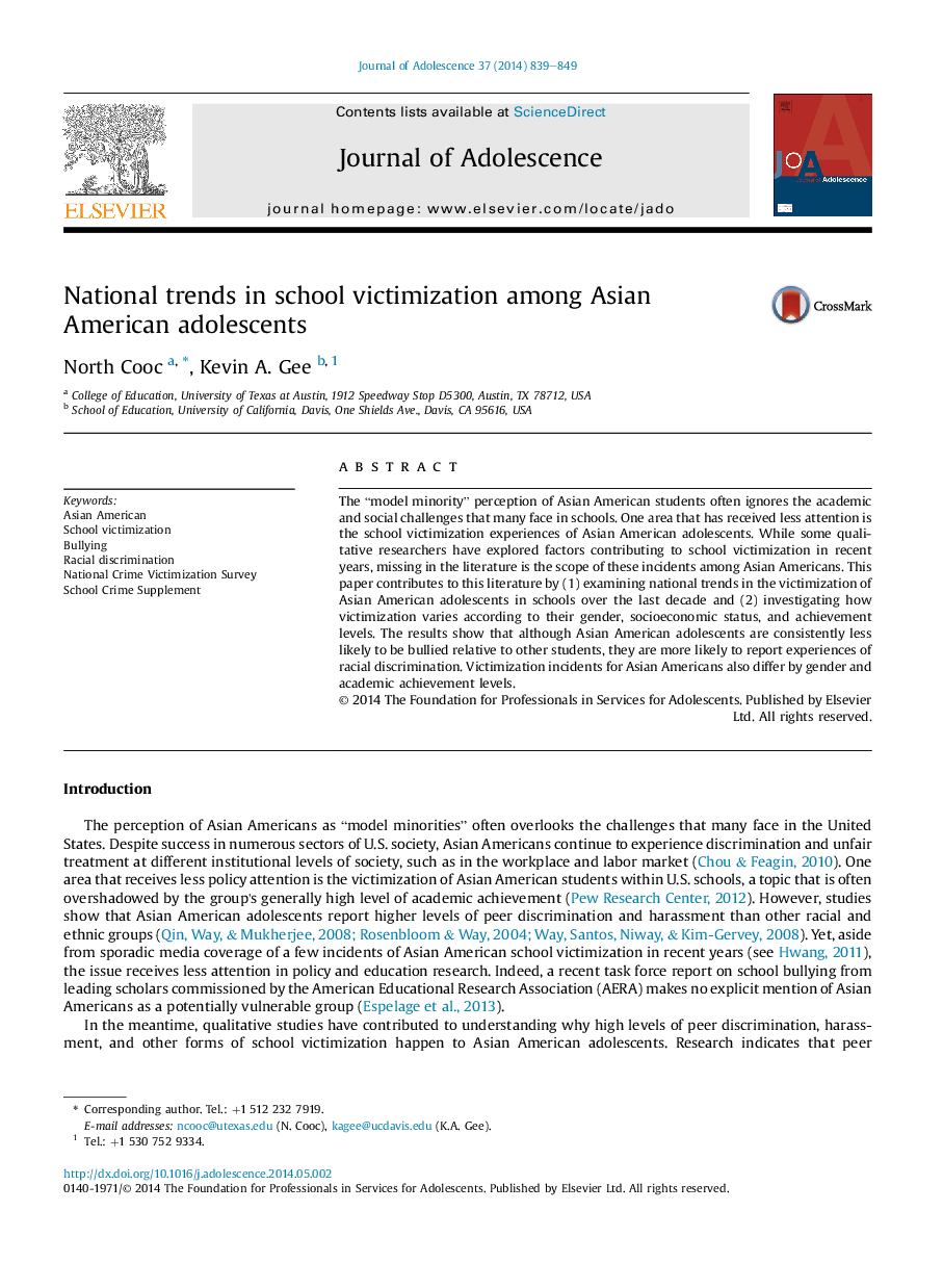 National trends in school victimization among Asian American adolescents