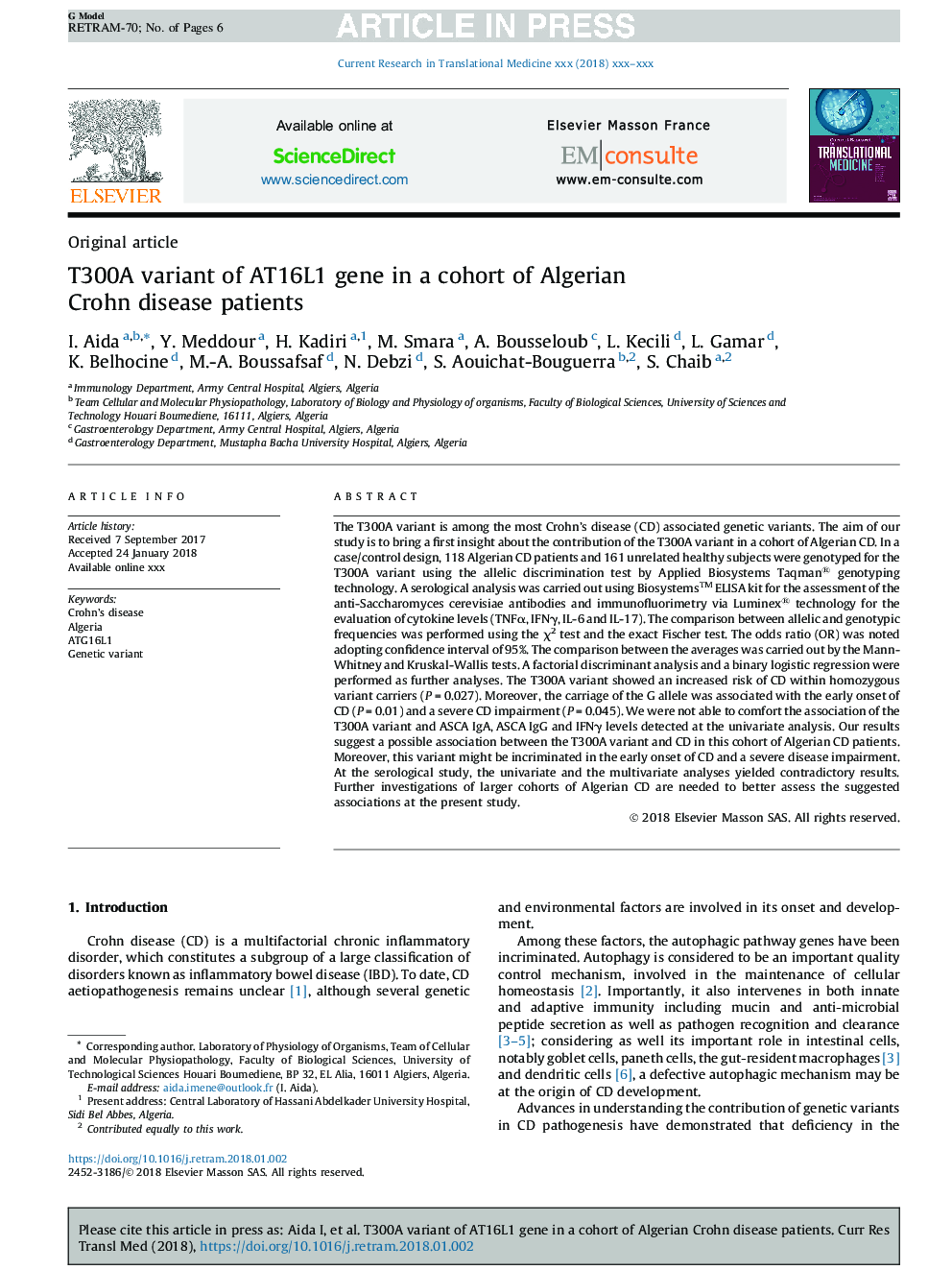 T300A variant of AT16L1 gene in a cohort of Algerian Crohn disease patients
