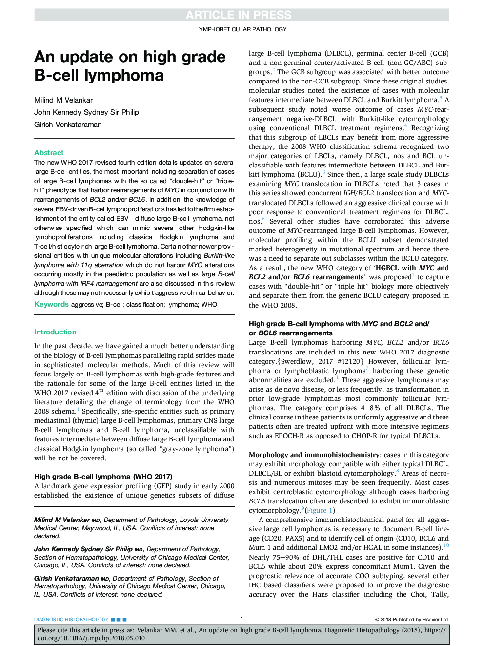 An update on high grade B-cell lymphoma