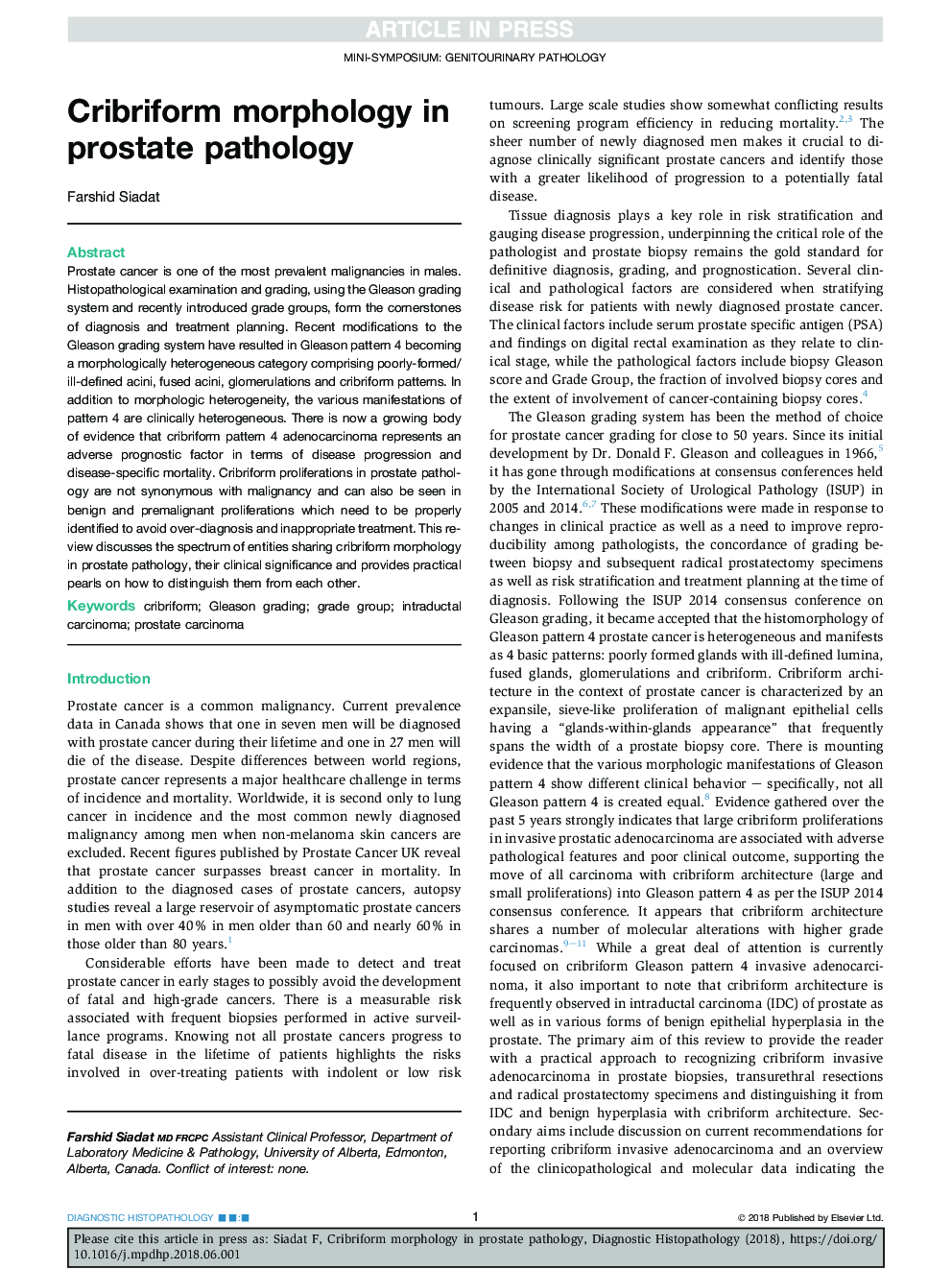 Cribriform morphology in prostate pathology