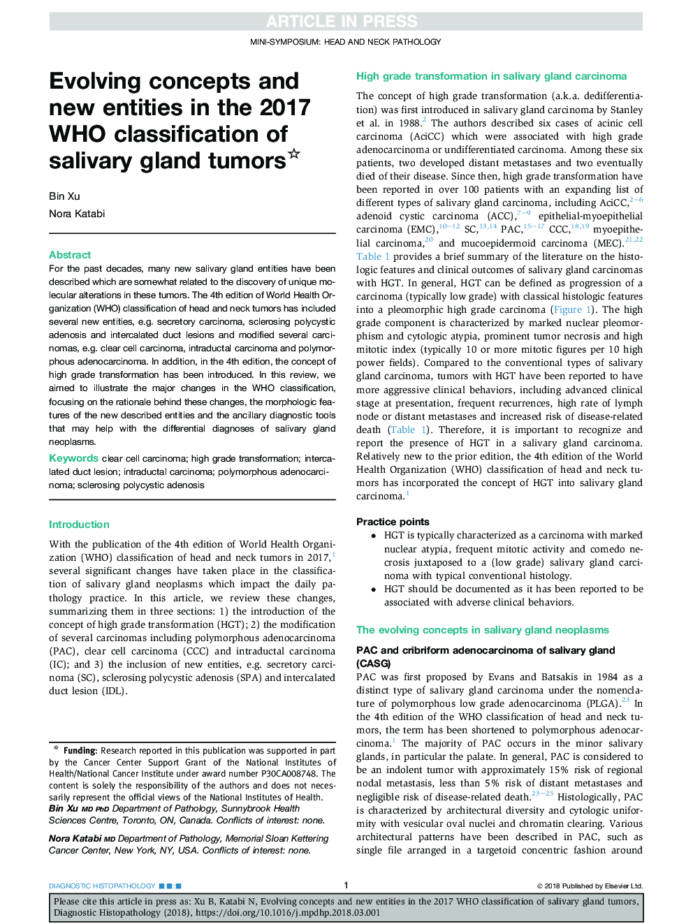 Evolving concepts and new entities in the 2017 WHO classification of salivary gland tumors