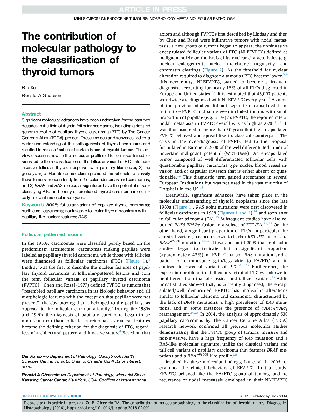 The contribution of molecular pathology to the classification of thyroid tumors