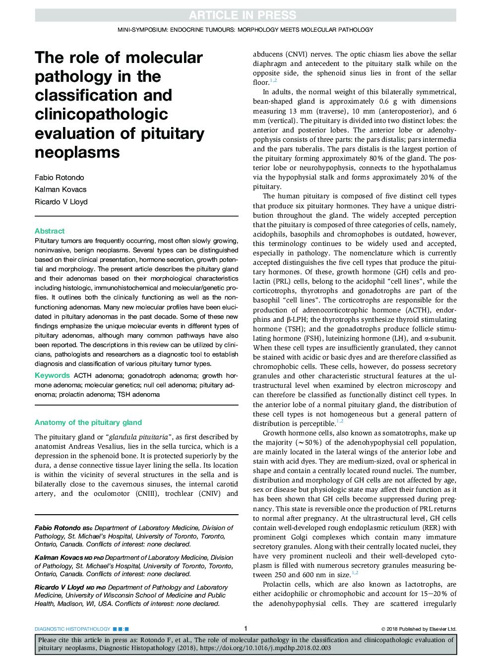 The role of molecular pathology in the classification and clinicopathologic evaluation of pituitary neoplasms