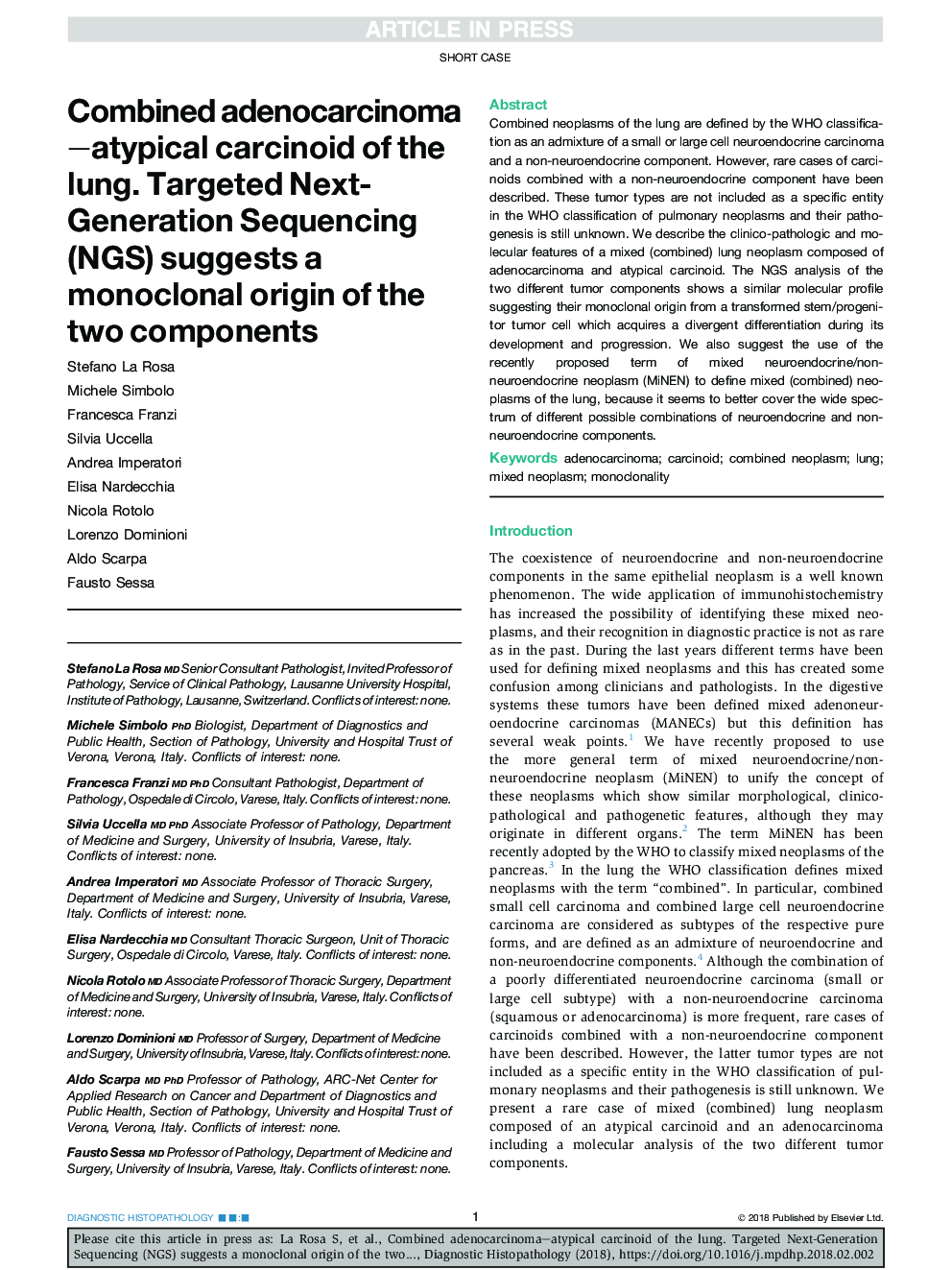 Combined adenocarcinoma-atypical carcinoid of the lung. Targeted Next-Generation Sequencing (NGS) suggests a monoclonal origin of the two components