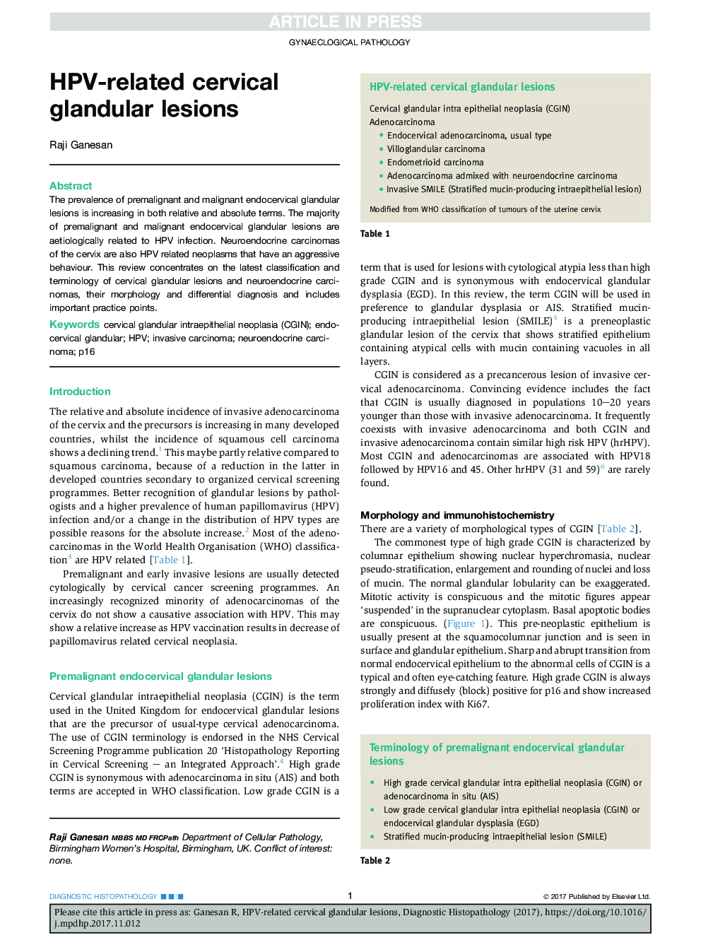 HPV-related cervical glandular lesions