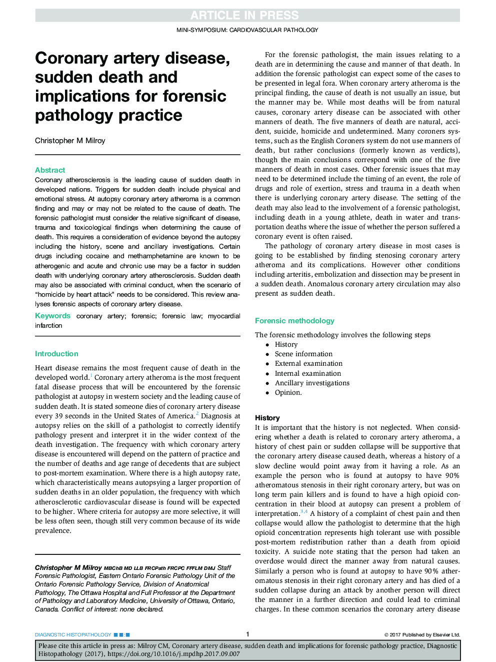 Coronary artery disease, sudden death and implications for forensic pathology practice