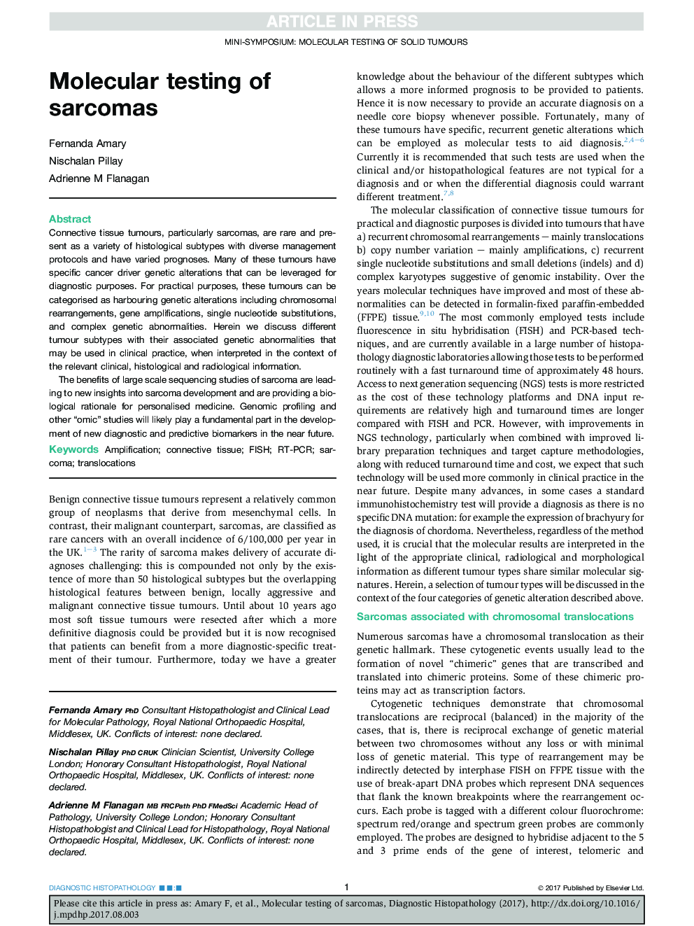 Molecular testing of sarcomas