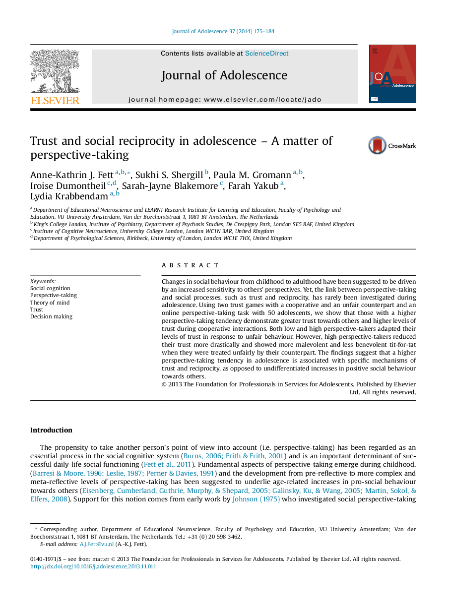 Trust and social reciprocity in adolescence – A matter of perspective-taking